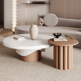 Set of two round coffee tables with fluted base in white and walnut finish